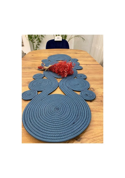 Jüt, Hasır,sarmal Model, Dekoratif Masa Örtüsü, Runner 40x110 Cm, Sehpa Örtüsü, Bohem Tarzı Petrol Petrol