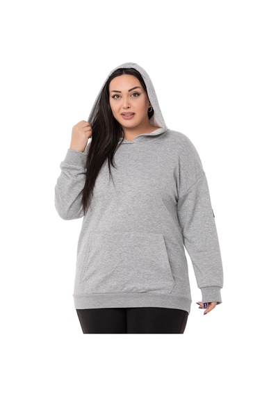 Büyük Beden Sırtında Yazı Detaylı Kapüşonlu Kanguru Cepli Üç İplik Gri Melanj Sweatshirt-gri Melanj Gri Melanj