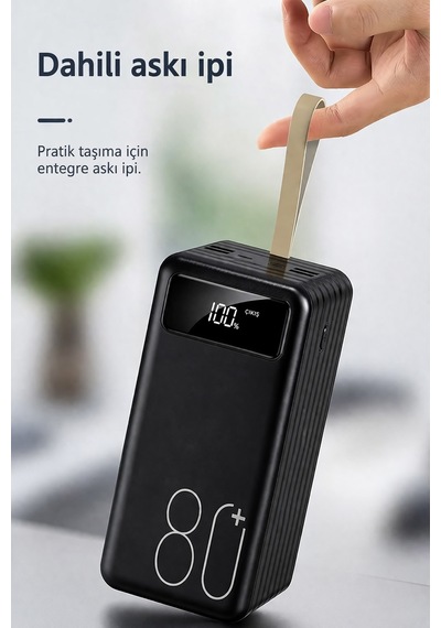 Exenar - Siyah - 80.000mah Powerbank Kamp Led Işıklı Kendinden Kablolu Powerbank 4xusb-1typec-1lightning Giriş