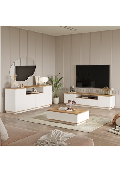 Robin Home Loft Tv Ünitesi Orta Sehpa Konsol 3'Lü Set Çam-Beyaz