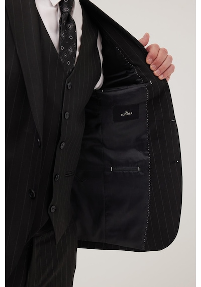 Tudors Erkek Slim Fit Siyah Esnek Likralı Kumaş Sivri Yaka Yelekli Takım Elbise-41294
