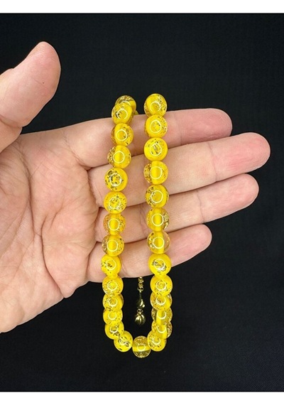 Altın Varaklı Uçak Camı Tesbih Küre Kesim 10mm Sarı Renkli T-686