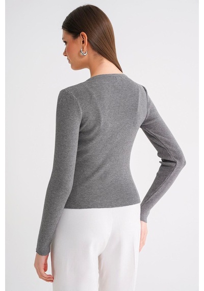 Hiccup Mixray Düğmeli Slim Fit Yivli Örgü Hırka Koyu Gri