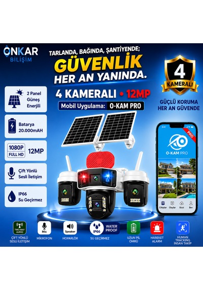 Okam Pro Premium 4g-336 4 Kameralı 7/24 Kayıt Sim Kartlı Güneş Enerjili Güvenlik Kamerası