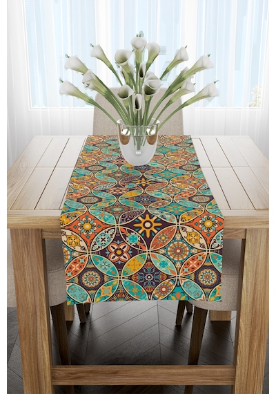 Turuncu Mavi Retro Vintage Desenli Runner 40x140cm Turuncu