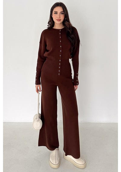 Kadın Bol Paça Triko Takım Knit Flow Kahverengi