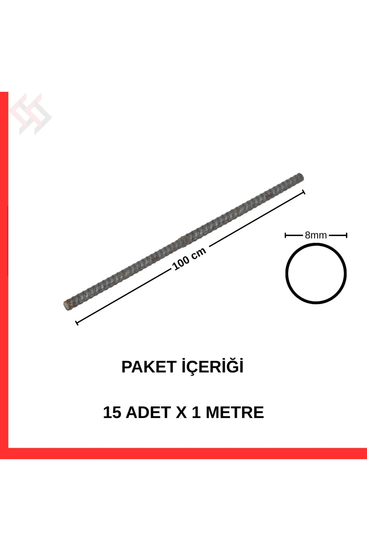 8 Lik İnşaat Demiri 15 Li Paket Bahçe Çit, Merdiven Ve Küçük Beton İşleri İçin Nervürlü Demir Çubuk-15 Adet Metal