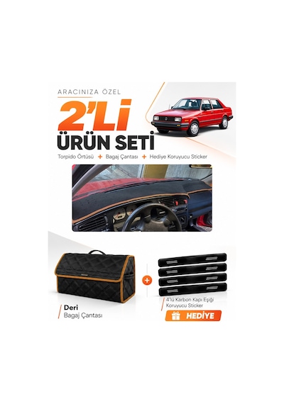 Volkswagen Jetta 1991-1997 Uyumlu Torpido Örtüsü + Deri Bagaj Çantası + Sticker - Siyah Kahverengi