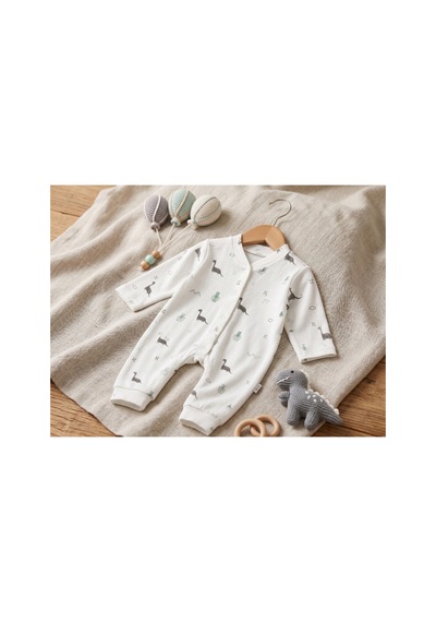 Deniva Kids Erkek Bebek %100 Pamuk Dinozor Baskılı Boydan Çıtçıtlı Patiksiz Uzun Kollu Tulum Beyaz
