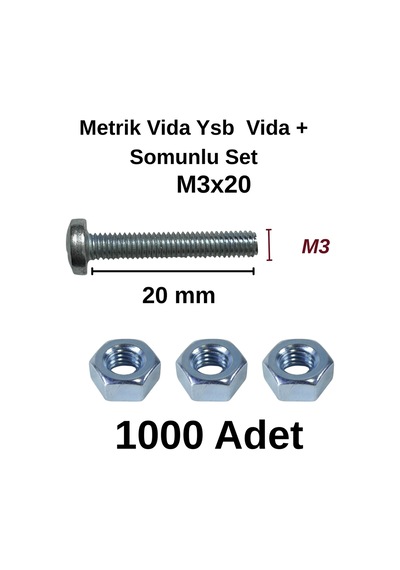 Tuğra Hırdavat M3x20mm Metrik Vida Ysb - Somunlu 1000'li Takım 0-0