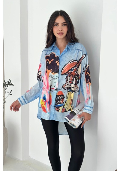 Asprin Fashion Tavşan Baskılı Jeans Efektli Tunik Renkli