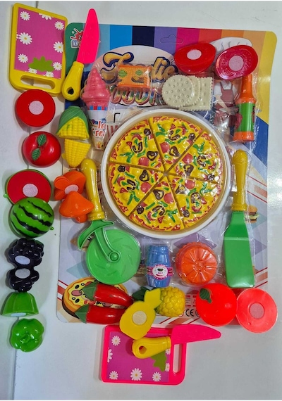 Tepsi Pizza Kesilen Meyve 41 Parça Sebze Dondurma Bisküvi Pasta Kesme Tahtası Evcilik Oyuncak