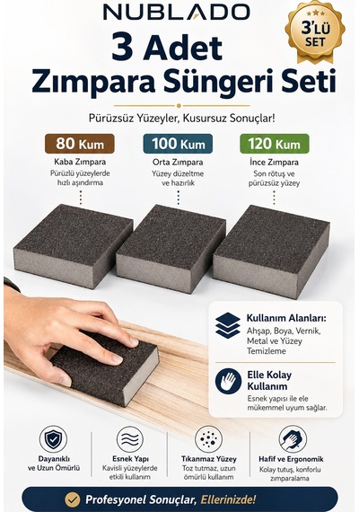 3 Lü Zımpara Süngeri Seti 80-100-120 Kum Ahşap Metal Boya Vernik Yüzey Zımparalama Takozu