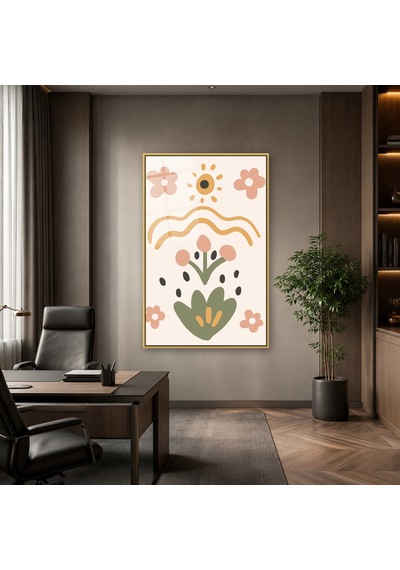 Çiçekli Folk Desen Gold Çerçeveli Cam Tablo