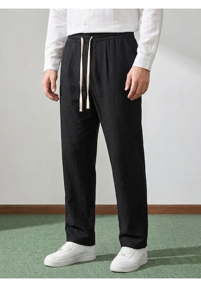 Danger Erkek Baggy Kalıp Beli Lastikli %100 Pamuk Keten Görünümlü Pantolon Siyah 1007dngr