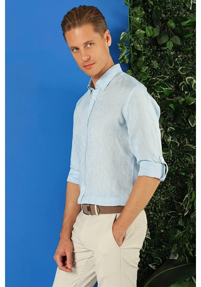 Efor Comfort Fit Düğmeli Yaka %100 Keten Apoletli Casual Mavi Gömlek G 1564 Mavi