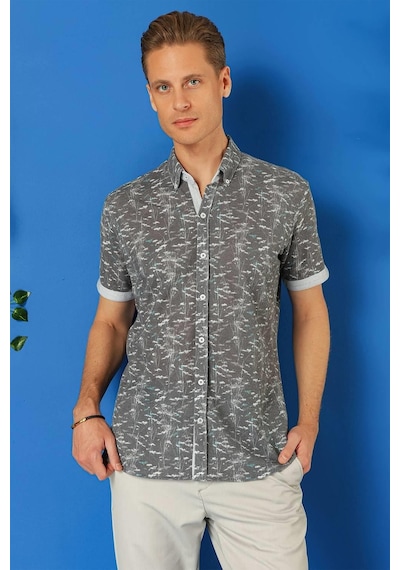 Efor Slim Fit Düğmeli Yaka Desenli Kısa Kol Pamuk Füme Gömlek G 1499 Füme