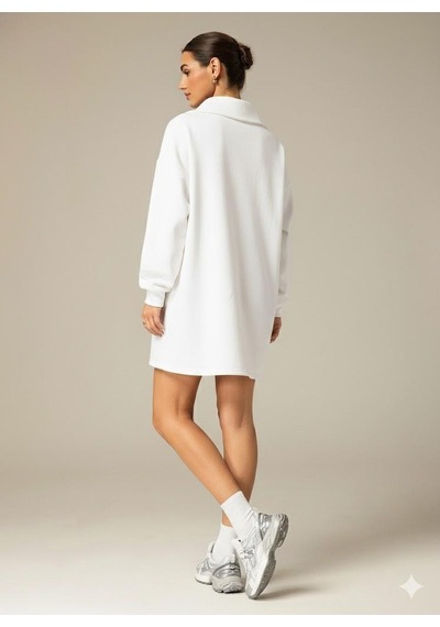 Afri 3 İplik Şardonlu Beyaz Oversize Fermuarlı Tunik Sweatshirt - Günlük Spor Elbise Beyaz