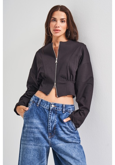 Itsbasic Kadın Siyah Renk W5-1 Bol Kesim Örme Esnek Kumaş Oversize Fermuarlı Sweatshirt
