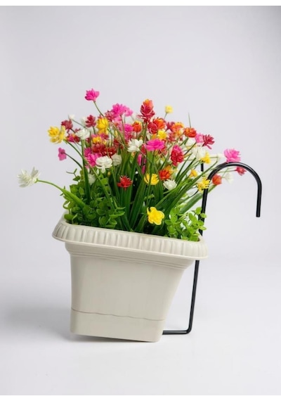 Yapay Çiçek Renkli Mini Lotus Çiçekli Krem Küpeşte Askılı Balkon Çiçeği Balkon Saksısı