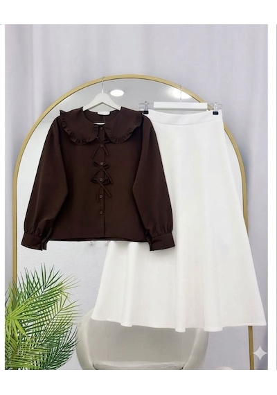 Lovie Moda Kadın Şal Yaka Gömlek Fiyonk Detaylı Etekli Takım - Kahverengi Lovie Moda Kadın Şal Yaka Gömlek Fiyonk Detaylı Etekli Takım - Kahverengi