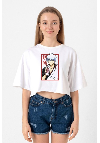 Gintama Anime Gintoki Fruit Juice Beyaz Kadın Crop Tshirt Beyaz