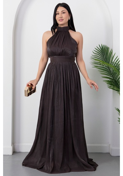 Kalopya Halter Yaka Şifon Elbise Grs4128 Kahve