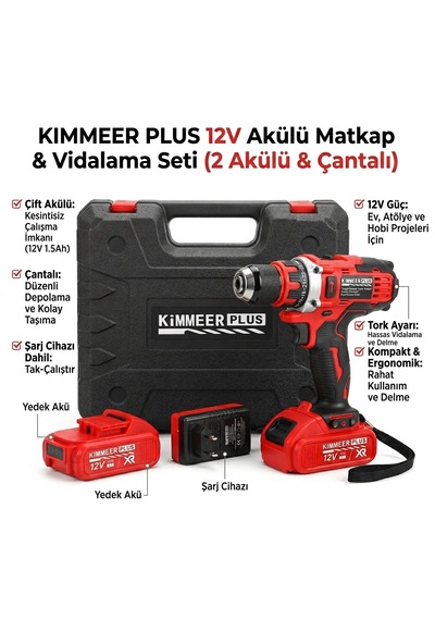 Kimmeer Plus 12v Çift Akülü Darbeli Şarjlı Matkap Ve Vidalama Seti - Çantalı Matkap