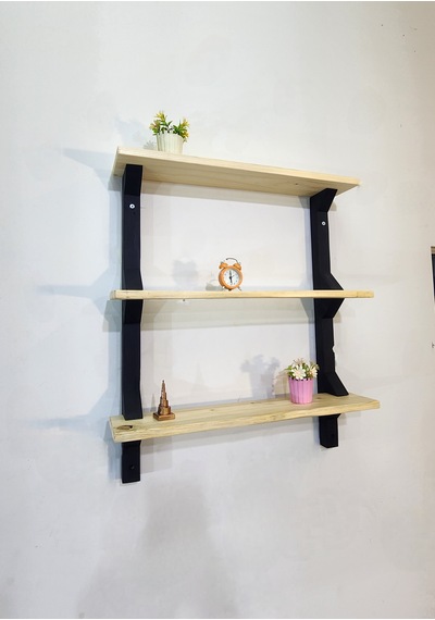 Modern 3 Katlı Ahşap Duvar Rafı Dekoratif Masif Ahşap Kitaplık Ve Duvar Rafı Siyah - Ahşap