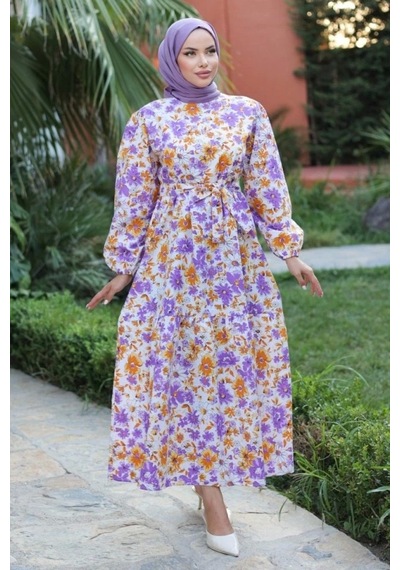 Defymoda Kadın Uzun Çiçek Yaprak Desenli Belden Bağlamalı Elbise Lila