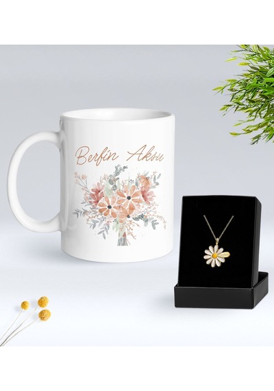 Bk Gift Kişiye Özel İsimli Çiçek Tasarımlı Beyaz Kupa Ve Papatya Kolye Hediye Seti - 19, Sevgiliye Hediye, Anneye Hediye, Arkadaşa Hediye Kobitmeyenco