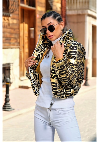 Keyifli Moda Kadın Gold Parlak Yazılı Dik Yaka Kısa Şişme Mont