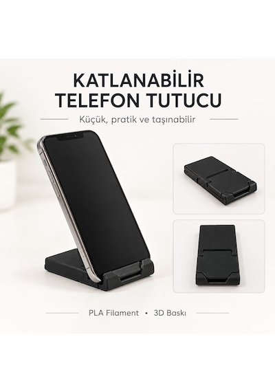 2'li 3d Baskı Katlanabilir Telefon Tutucu Ve Anahtarlık Taşınabilir Masaüstü Telefon Standı Siyah