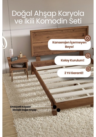 Ebruli Yatay Başlıklı Masif Ahşap Karyola Ve 2 Ceviz 90x200