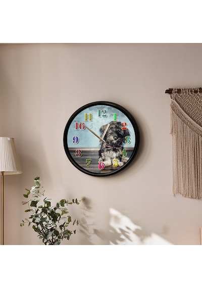 Sevimli Yavru Köpek Tasarımlı Dekoratif Duvar Saati 28 Cm Sessiz Mekanizma Çok Renkli