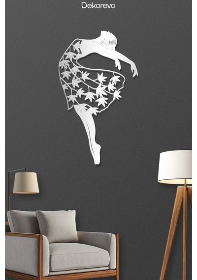 Zarafetin Dansı: Yaprak Detaylı Balerin Metal Duvar Tablosu - Metal Duvar Sanatı - Gümüş - 50 X 75 Cm