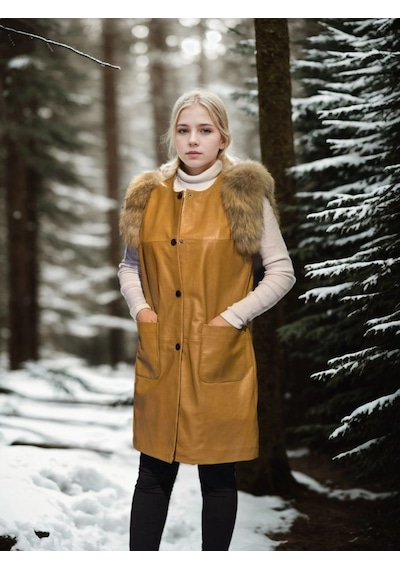 Ertaştrendstore Kadın Premium Doğal Kürk Kolsuz Deri - Hardal Çok Renk