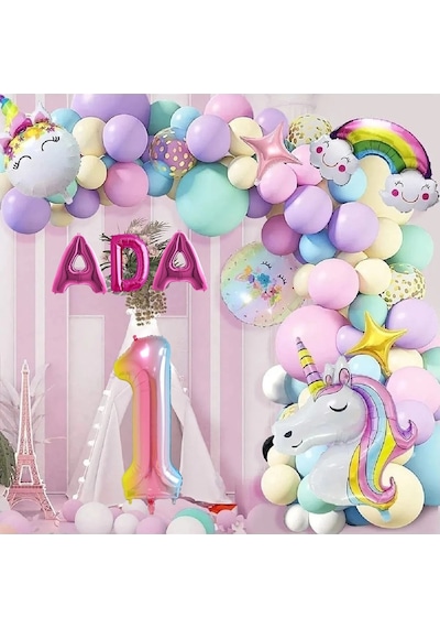 3 Harfli Yaş Seçenekli Gökkuşağı Konseptli Unicorn Temalı Makaron Balon Doğum Günü Parti Kutlama Seti 1