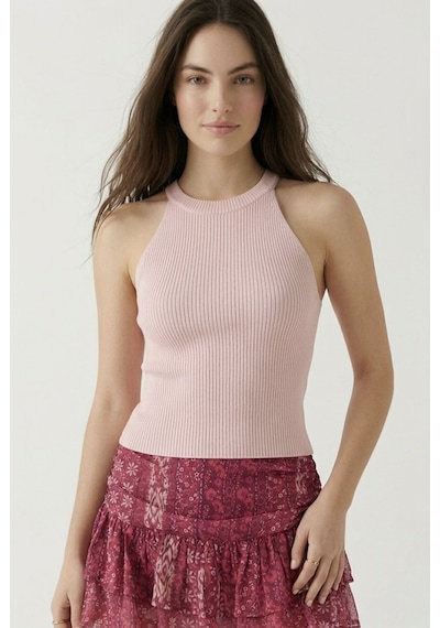 Neden Tekstil Kadın Fitilli Halter Yaka Crop Bluz - Toz Pembe