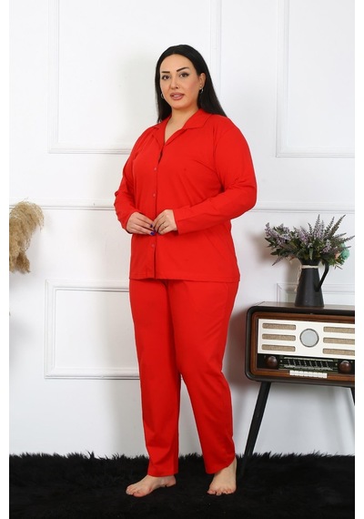 Akbeniz Kadın Büyük Beden Pamuklu Cepli Düğmeli Kırmızı Pijama Takım 202401-kırmızı Kırmızı