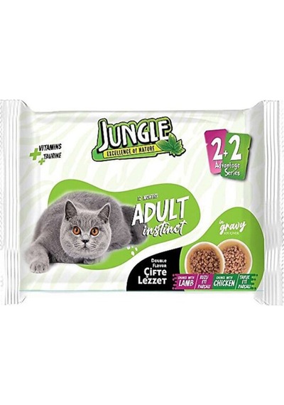 3 Adet Jungle 4 100 Gr. Çift Lezzet Pouch Yetişkin Kedi Kuzulu - Tavuklu