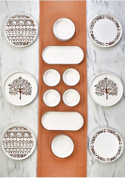 Kitchen Life 14 Parça 6 Kişilik Hayat Ağacı Stackable Kahvaltı Takımı -  Kahvaltılık Sunum Tabağı Beyaz - Altın