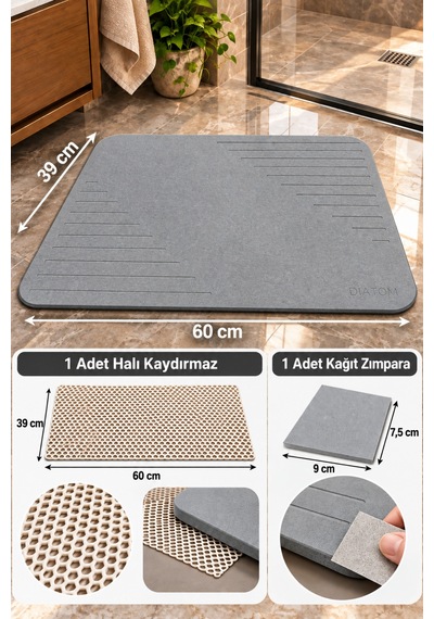 Düz Çizgi Model Banyo Paspası Su Emici Paspas Diatomite Mat Abdest Paspası Duşakabin Önü Banyo Matı Lavabo Önü Paspas gri