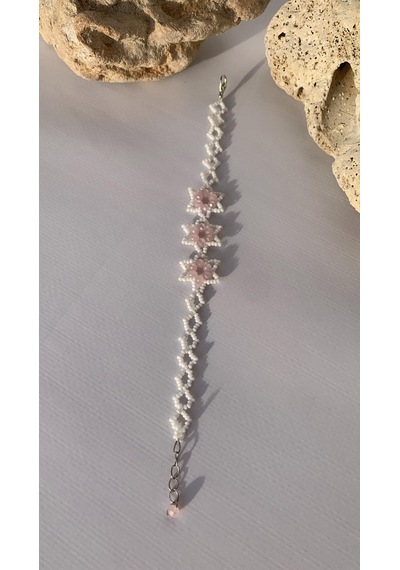 Beyaz Ve Toz Pembe Renkli Yıldız Desenli Miyoki Boncuk Bileklik Beyaz - Pembe