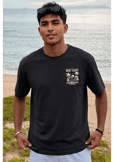 Genius Store Erkek Tişört Pamuklu Kumaş Sırt Baskılı Tişört Sokak Modası Rahat Kalıp T-shirt West-siyah