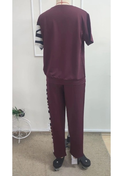 Valensdesign Kadın Kısa Kollu Bisiklet Yaka Zebra Desen Bluz Ve Pantolon Ikili Takım Bordo