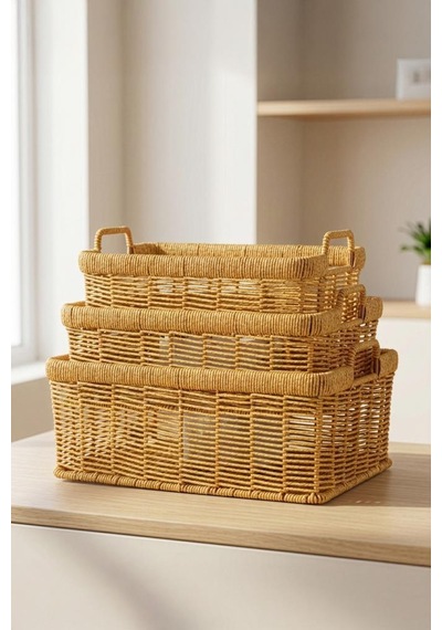 Digithome 3'lü Hasır Rattan Organizer Sepet - Bb6064 Turuncu