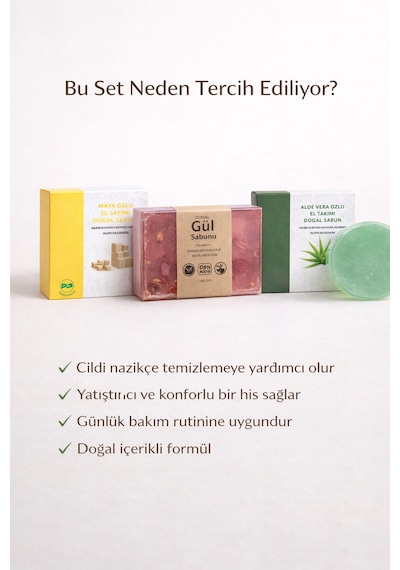 3'lü Doğal Sabun Seti Maya, Aloe Vera, Gül Özlü - Hassas & Günlük Nazik Bakım Serisi Aloe Vera - Gül