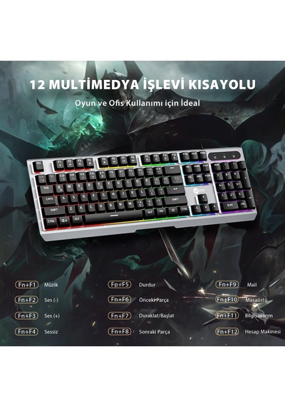 Kb121 Usb Kablolu Oyuncu Klavye - Makro Tuşlu, Rainbow Efektli, Mekanik Hisli Sessiz, Membran Gaming Türkçe Q Klavye Metalik Gri