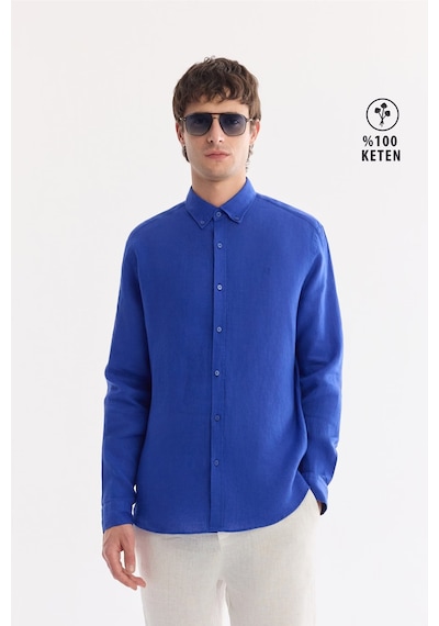 Avva Erkek Saks Düğmeli Yaka %100 Keten Comfort Fit Gömlek B002191 Saks Mavisi